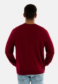 Mann in einem einfarbigen dunkelroten Langarmpullover und hellblauen Jeans, von hinten vor einem weißen Hintergrund gezeigt.