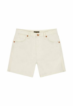 Shorts di denim bianchi con vita alta, cinque tasche, dettagli in rame e taglio a gamba dritta. Nessun motivo o decorazione visibile.