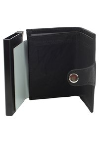 Black leather wallet with a silver snap closure, featuring card slots and a smooth texture. The structure includes a hard edge for durability.