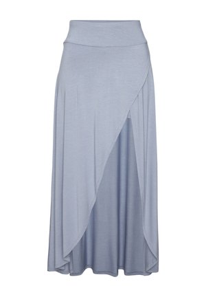 Hellblauer Maxi-Rock im Wickelstil mit hohem Bund und fließendem Stoff, der bis zu den Knöcheln reicht.