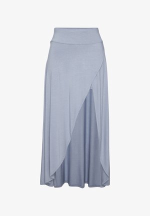 Hellblauer Maxi-Rock im Wickelstil mit hohem Bund und fließendem Stoff, der bis zu den Knöcheln reicht.