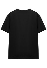 Black short-sleeve T-shirt, made from cotton. Simple crew neck design with a smooth, even texture. No visible logos or patterns.