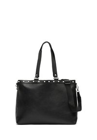 Zwarte nep leren tote bag met dubbele handvatten, een verstelbare schouderriem en zilveren studs langs de bovenrand. Gladde textuur.