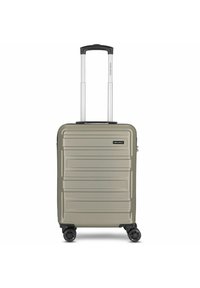 Hard-shell carry-on suitcase in olive green with a textured surface, two smooth-rolling wheels, and a retractable aluminum handle.