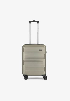 Hartschalen-Handgepäckkoffer in olivgrün mit strukturierter Oberfläche, zwei leichtgängigen Rollen und einem ausziehbaren Aluminiumgriff.