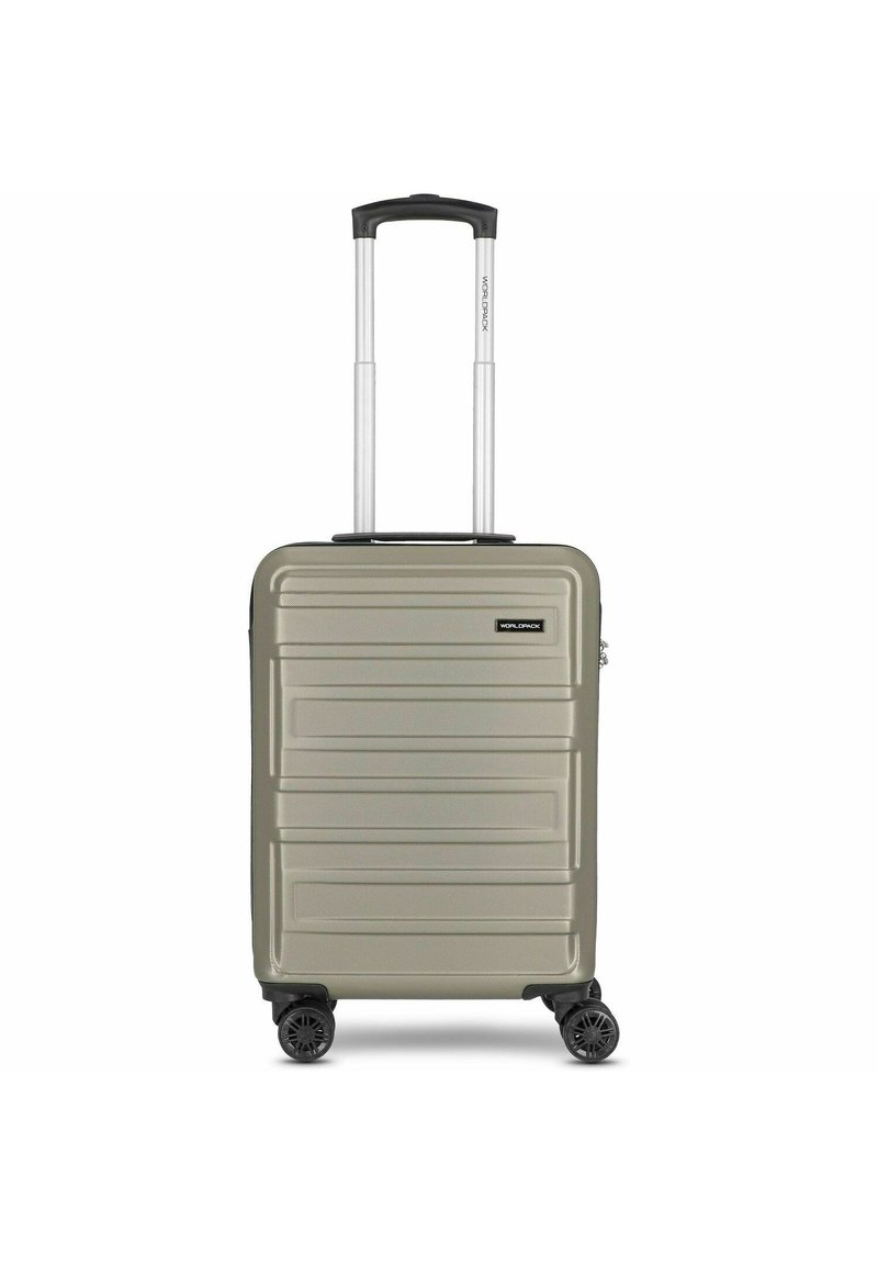 Hard-shell carry-on suitcase in olive green with a textured surface, two smooth-rolling wheels, and a retractable aluminum handle.