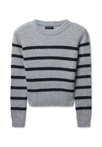 Gestreifter grauer Pullover mit schwarzen Horizontalstreifen, rundem Ausschnitt, langen Ärmeln sowie gerippten Bündchen und Saum. Weicher Stoff, kurze Passform.