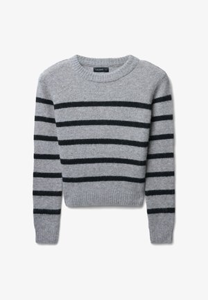 Maglione grigio a righe con strisce orizzontali nere, scollo rotondo, maniche lunghe e polsini e orlo a coste. Tessuto morbido, design corto.