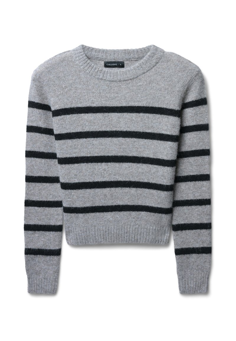 Gestreifter grauer Pullover mit schwarzen Horizontalstreifen, rundem Ausschnitt, langen Ärmeln sowie gerippten Bündchen und Saum. Weicher Stoff, kurze Passform.