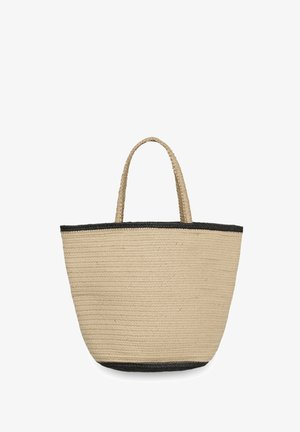 Beige woven straw tote bag with black trim at top and bottom, featuring two medium-length braided handles.
