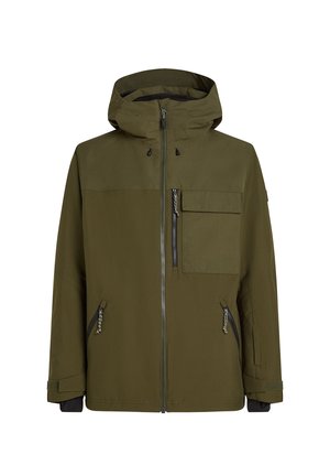 Olive green jacket with a hood; features a central zipper, two zippered side pockets, and a chest pocket with a flap. Smooth texture.