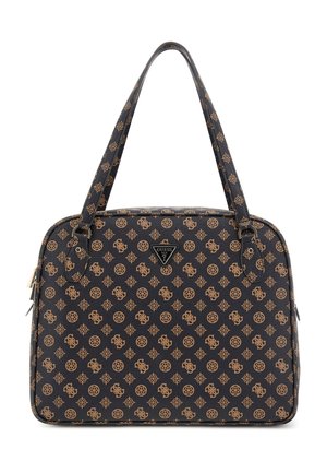 Borsa a mano sintetica nera con motivo a logo ripetuto marrone chiaro, doppi manici superiori e una placca triangolare con logo sul fronte.