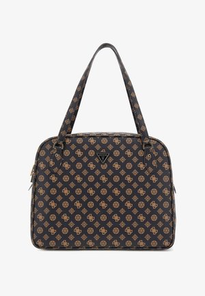 Black synthetic handbag featuring a repeating light brown logo pattern, dual top handles, and a triangular logo plaque on the front.