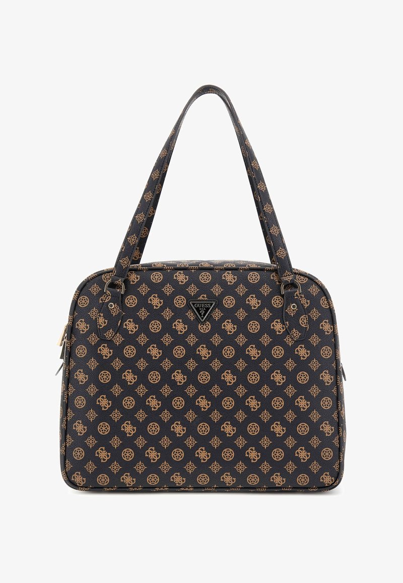 Crna sintetička torba s ponavljajućim svijetlosmeđim uzorkom logotipa, dvostrukim gornjim ručkama i trokutastim logotipom na prednjoj strani.