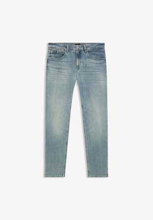Hellblaue Jeans aus Denim mit geradem Bein, klassischem Fünf-Taschen-Design und dezentem Used-Effekt.