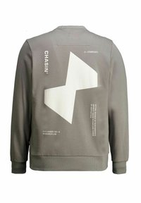 Felpa grigia con collo tondo e maniche lunghe. Presenta una grande grafica geometrica bianca e testo stampato sul retro.