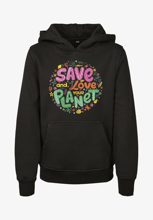 Hoodie noir avec un design circulaire coloré comportant le texte "Sauver et Aimer Votre Planète", entouré de motifs floraux.