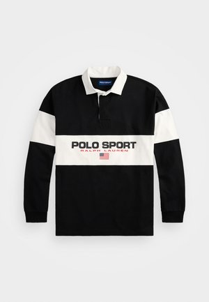 Sort langærmet polo skjorte med hvide vandrette striber. Har krave, lukning og "POLO SPORT RALPH LAUREN" grafik.