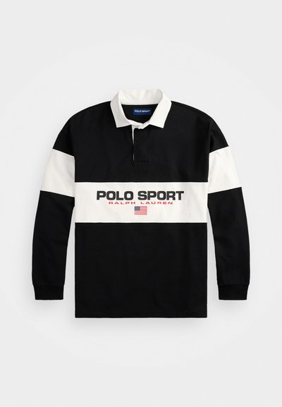 Svart langermet polo-skjorte med hvite horisontale striper. Har krage, knappeglass og grafikk med "POLO SPORT RALPH LAUREN".