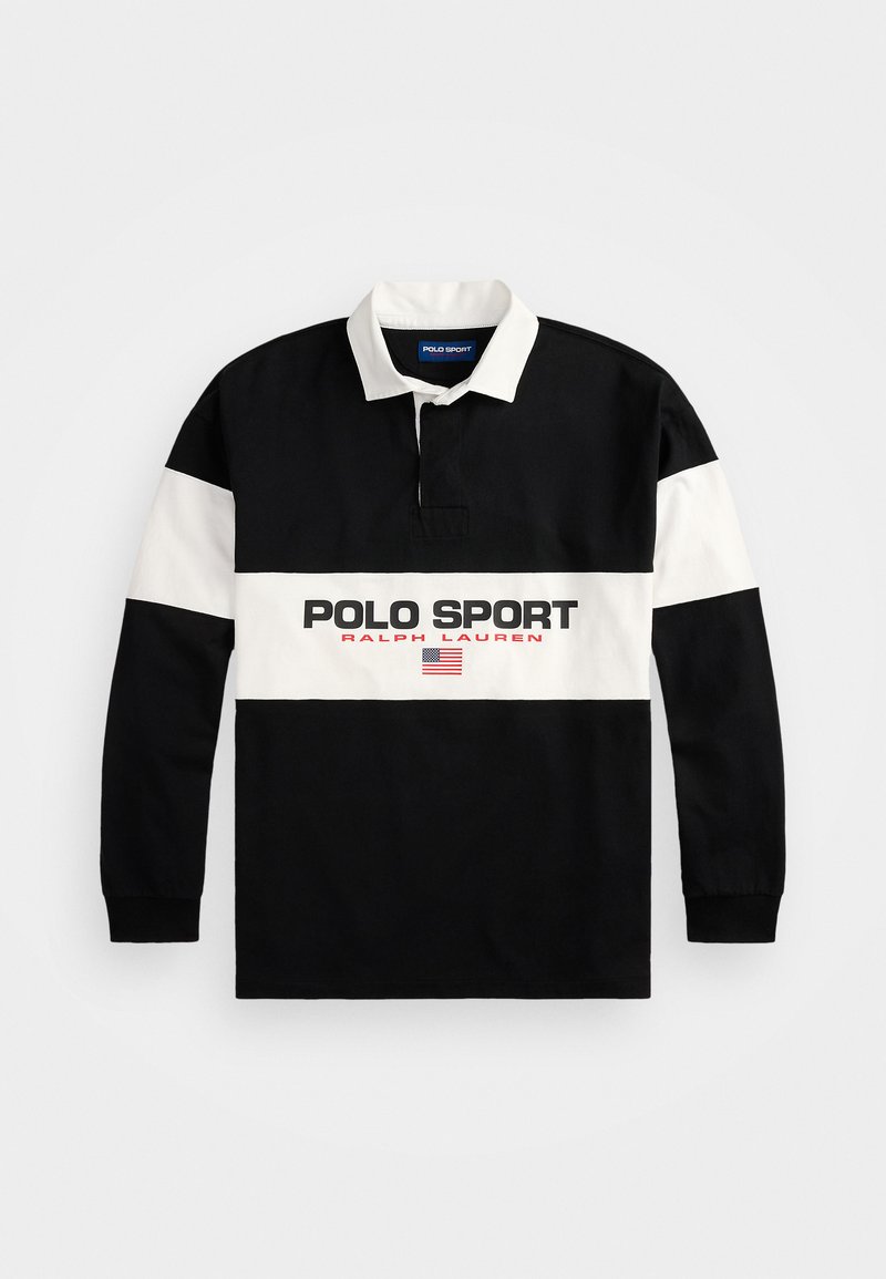 Musta pitkähiha polo-paita, jossa on valkoiset vaakaraidat. Ominaisuuksiin kuuluvat kaulus, nappilista ja "POLO SPORT RALPH LAUREN" -grafiikka.
