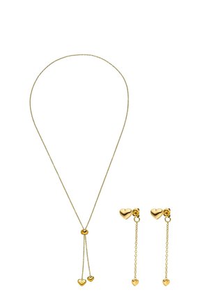 Goldherz-Schmuckset mit verstellbarer Halskette und passenden Ohrringen mit kleinen hängenden Herzen an zarten Ketten.