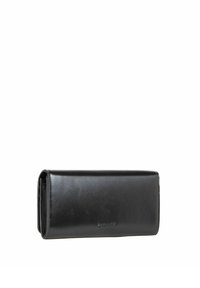 Billetera de cuero negro, forma rectangular, textura suave, diseño minimalista. Presenta un sutil logo en relieve en la parte frontal como detalle.