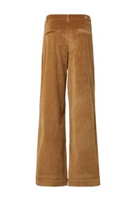 Wijde corduroy broek in een warme, bruine kleur. Bevat twee achterzakken en een gestructureerde ribbelstof. De zoom is afgewerkt met een manchet.