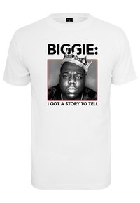 White cotton t-shirt featuring a black and white graphic of a man wearing a crown, with "BIGGIE:" and "I GOT A STORY TO TELL" in bold black text below.