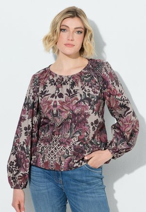 Ulla Popken, FLORAL DAMASK PRINT GATHERED NECKLINE BLOUSE - Blouse - dark cement