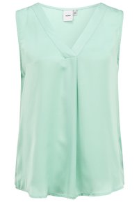 Top sin mangas de cuello en V en un suave verde menta, hecho de una tela lisa con un corte holgado y aberturas laterales en el dobladillo para facilitar el movimiento.