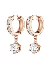 Örhängen i roséguld med en rad klara kristaller och en hängande klar ädelsten, med en polerad metallfinish.