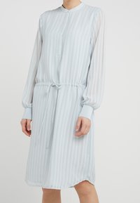 Helles blau gestreifter Dress mit langen transparenten Ärmeln, tailliertem Bund und Knopfleiste mit rundem Ausschnitt. Glatte Textur.