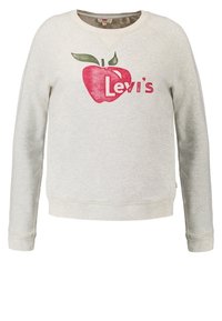 Světlě šedá mikina s dlouhými rukávy, s potiskem červeného jablka a růžovým nápisem "Levi's". Měkká textura, žebrované lemy na ruk�ávech a spodním okraji.
