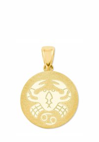 Guldberlock med graverad kräftsymbol och astrologisk glyph för kräftan nedanför på en rund texturerad yta.