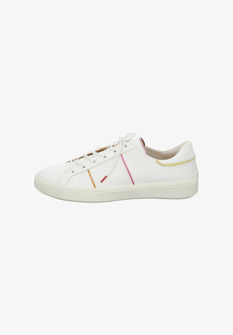 Weiße Sneaker mit einem glatten Lederoberteil und farblichen Akzenten in Pink, Orange und Gelb. Abgerundete Spitze und strukturierte Gummisohle.