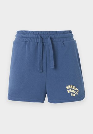 Shorts à taille élastique bleue avec cordon de serrage, poches latérales, et texte "Minnesota Midwest USA" imprimé en jaune sur la jambe gauche.