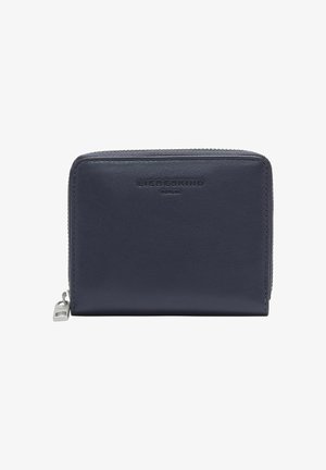 Granatowy skórzany portfel z zamkiem błyskawicznym, tłoczonym logo marki na przedniej stronie i gładką fakturą. Prostokątny kształt z czystymi krawędziami.