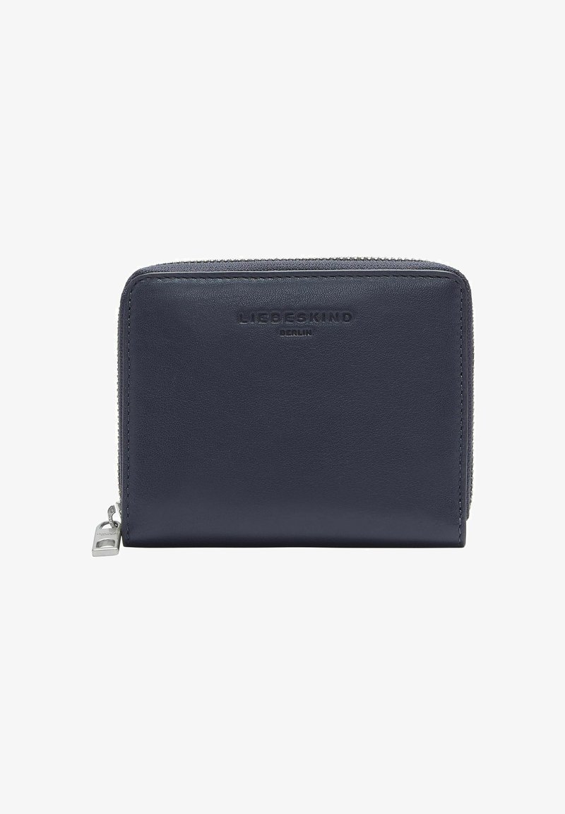 Granatowy skórzany portfel z zamkiem błyskawicznym, tłoczonym logo marki na przedniej stronie i gładką fakturą. Prostokątny kształt z czystymi krawędziami.