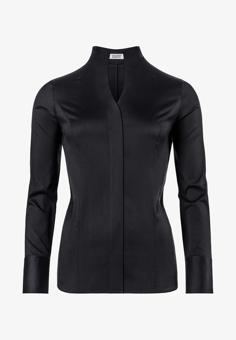 Black long-sleeve shirt made of smooth fabric. Features a high collar and a front placket with vertical seams. Tailored fit.