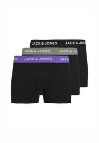 Drei Paar Herrenboxer in Schwarz, Olivgrün und Schwarz, mit kontrastierenden Elastikbündchen, die das Logo "JACK & JONES" tragen.