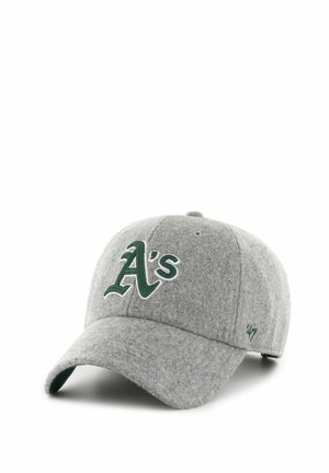 Gray wool baseball cap featuring an embroidered green "A's" logo on the front, curved brim, and a stitched accent on the side.