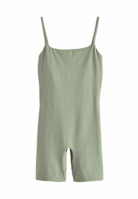 Světle zelený overal s tenkými ramínky, který má hladkou texturu, čtvercový výstřih a krátké nohavice. Jednoduchý, minimalistický design.