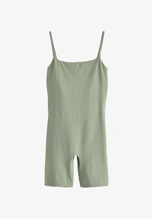 Light green romper with spaghetti straps, featuring a smooth texture, square neckline, and short leg openings. Simple, minimalist design.