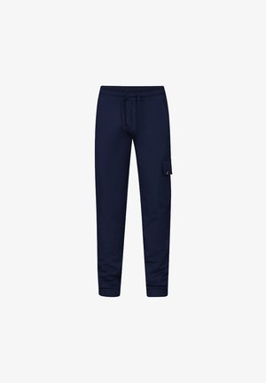 Granatowe spodnie dresowe wykonane z miękkiego materiału, z elastycznym paskiem i boczną kieszenią typu cargo do przechowywania.