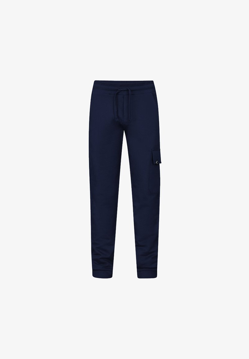 Marineblaue Jogginghose aus weichem Stoff, mit einem Kordelzugbund und einer seitlichen Cargo-Tasche für zusätzlichen Stauraum.