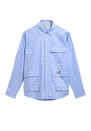 Lichtblauw-wit geruit overhemd met lange mouwen, knoopsluiting, drie zakken, waaronder één met meerkleurige vogelborduring.