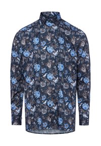 Langarmhemd in Dunkelblau mit floralem Muster, das blaue und braune Blumen zeigt, klassischem Kragen und Knopfverschluss.
