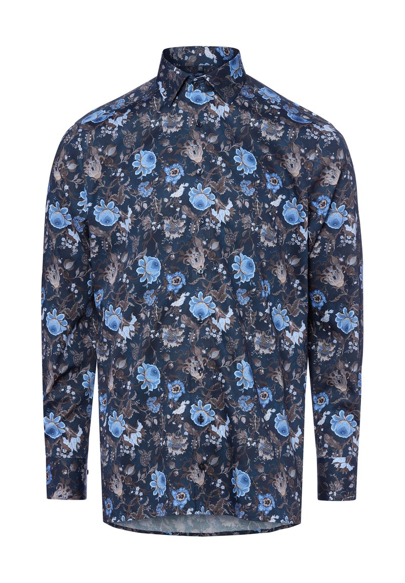Langarmhemd in Dunkelblau mit floralem Muster, das blaue und braune Blumen zeigt, klassischem Kragen und Knopfverschluss.