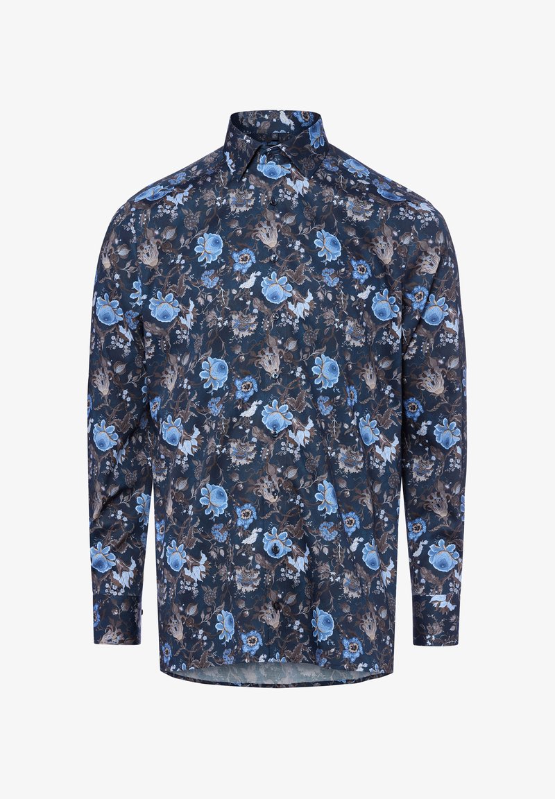 Koszula z długim rękawem w ciemnym granacie z kwiecistym wzorem, z niebieskimi i brązowymi kwiatami, klasycznym kołnierzykiem i zapięciem na guziki.