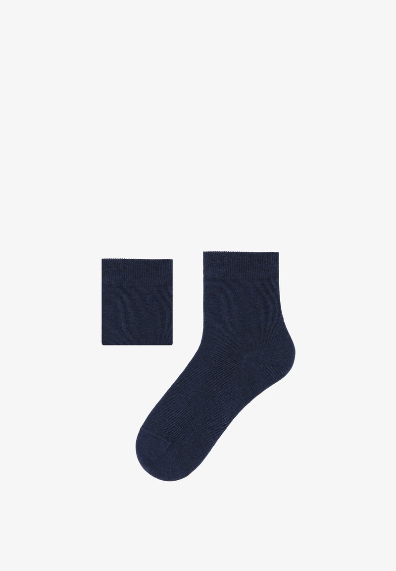 Calzini di un blu navy scuro, realizzati in un materiale morbido e a coste; design alla caviglia con punta senza cuciture e un bordo pieghevole abbinato per lo stoccaggio.